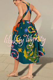 Fresh Summer Crossover Backless Pocketed Loose Midi Dress