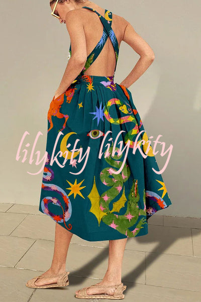Fresh Summer Crossover Backless Pocketed Loose Midi Dress