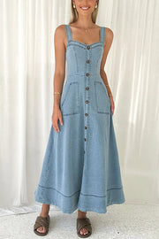 Solid Color Suspender Pocket Button Slim Denim Midi Dress