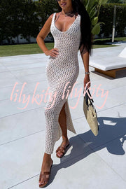 Solid Color V-neck Hollow Beach Knitted Cover-up Midi Dress