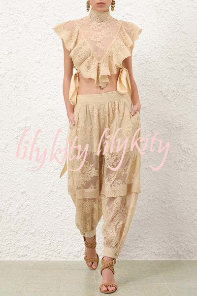 Ellie Lace Gathered Waist Pocket Button Ankle Cuffs Harem Pant