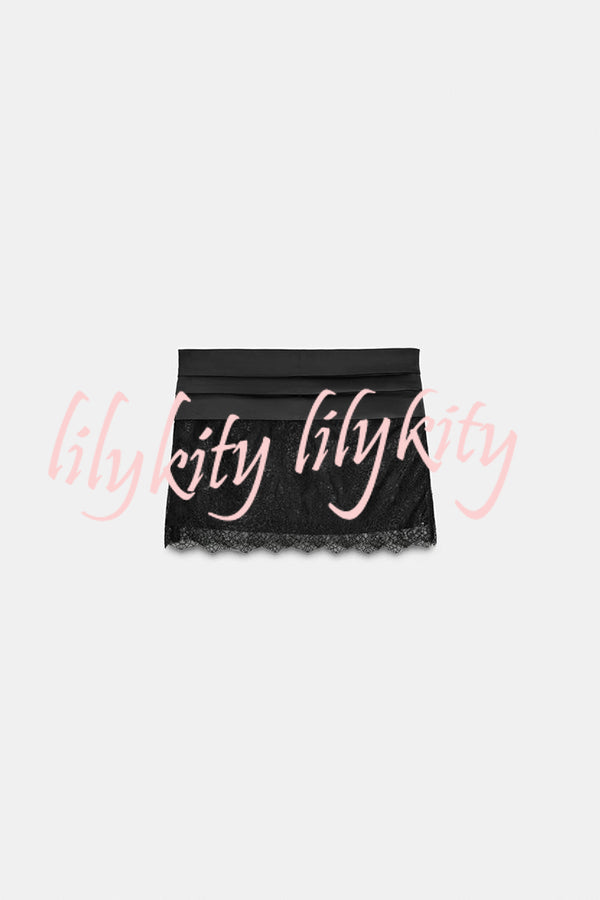 Anna Satin Bow Appliqué Mid Rise Lace Hem Mini Skirt