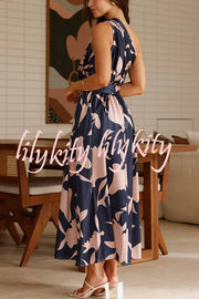 Unique Print Sleeveless One Shoulder Belted Maxi Dress