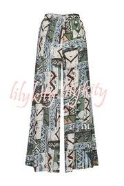 Terrace View Off Shoulder Tie Loose Top and Elastic Waist Unique Print Loose Pants Set