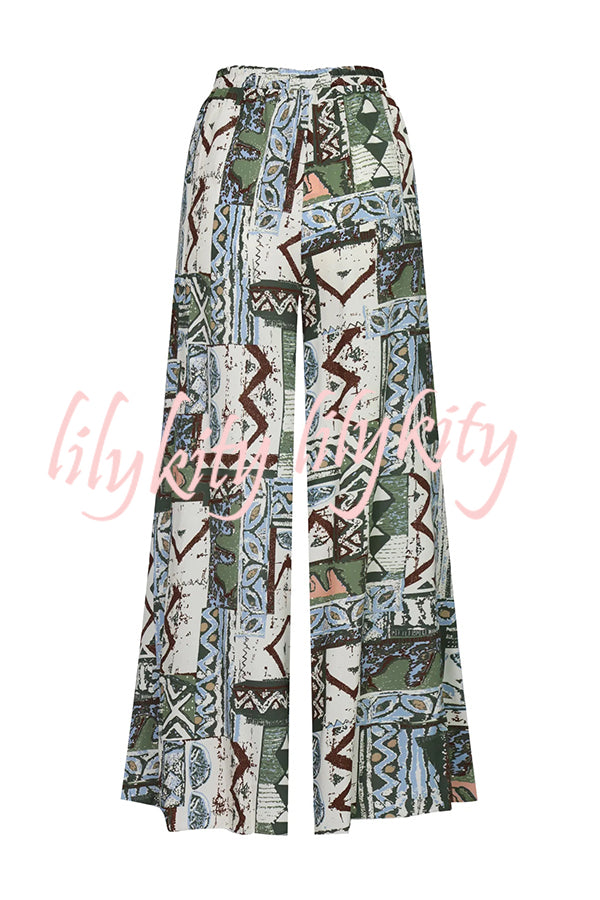 Terrace View Off Shoulder Tie Loose Top and Elastic Waist Unique Print Loose Pants Set