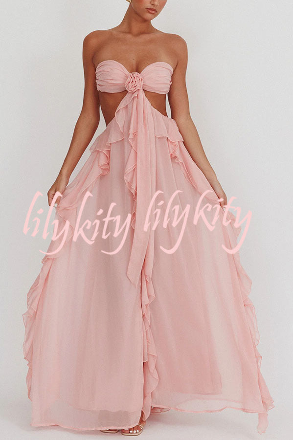 Gorgeous Vacation Halter Rose Detail Cut Out Ruffles Backless Maxi Dress