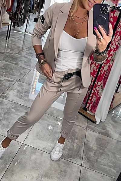 Smart Casual Lapel Blazer and Elastic Waist Tie Pocket Pants Set