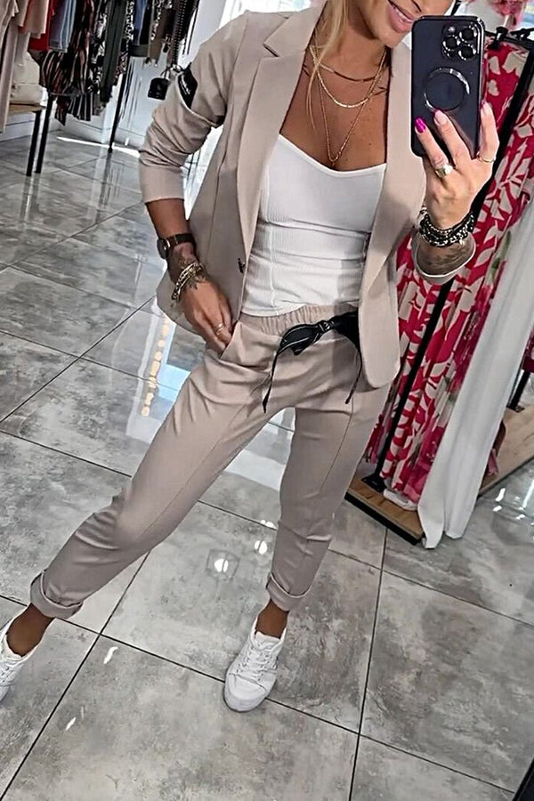 Smart Casual Lapel Blazer and Elastic Waist Tie Pocket Pants Set