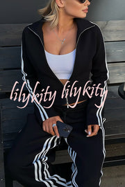 Fashionable Sports Style Striped Long-sleeved Jacket and Elastic Waist Casual Pants Set