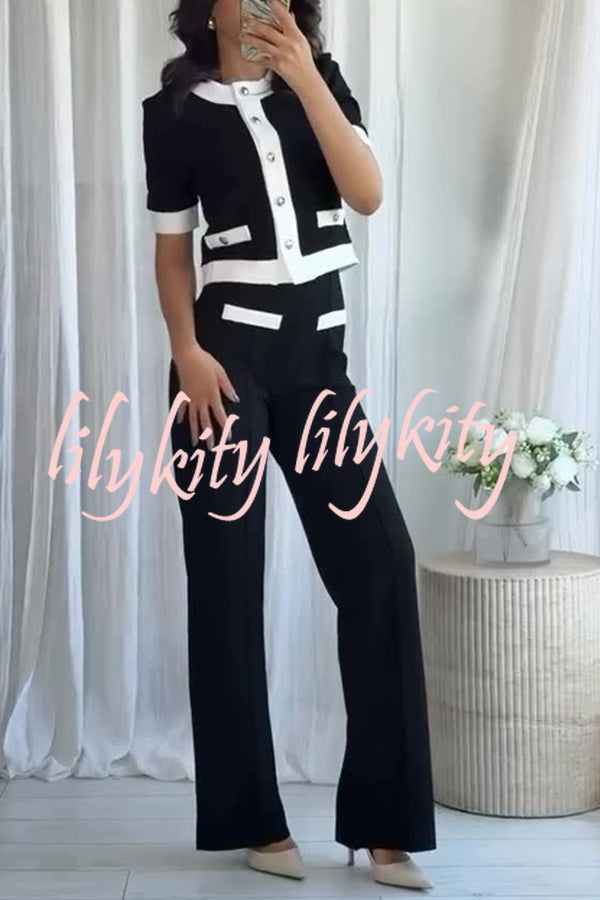 Fashionable Contrast Color Short-sleeved Button-down Top