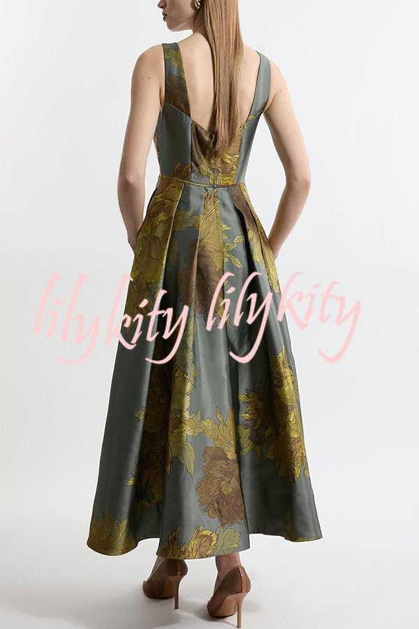 London Nights Satin Floral Pattern Square Neck Pocket Pleated Prom Maxi Dress