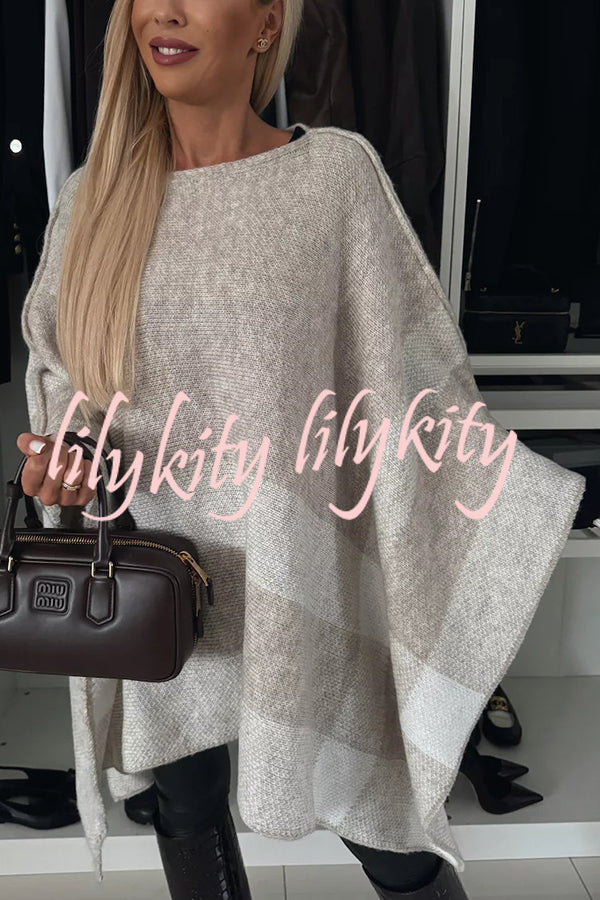 Calm and Elegant Knit Plaid Color Block Batwing Sleeve Loose Poncho