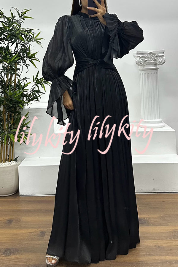 Ellah Shiny Fabric Chinese Stand Collar Twist Waist Balloon Sleeve Maxi Dress