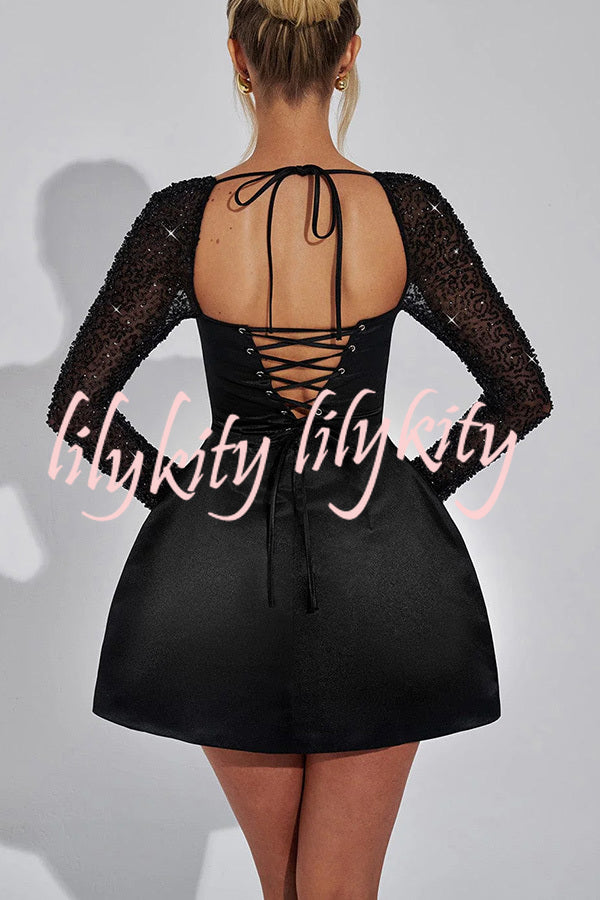 Like A Doll Sequin Long Sleeve Satin Pocketed Bubble Shape Mini Dress