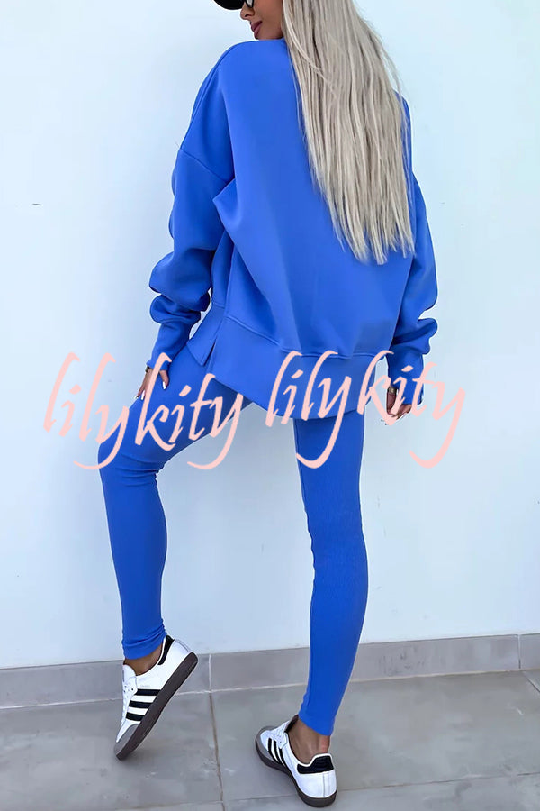 Solid Color Loose Long Sleeve SlitSweatshirt and Elastic Waist Tight Pants Set