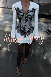 Saela Contrast Lace Corset Design V-neck Long Sleeve Tulip Mini Dress