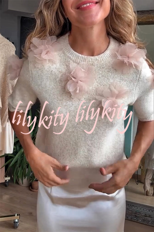 Alboran Knit Organza Flowers Detail Short Sleeve Loose Sweater