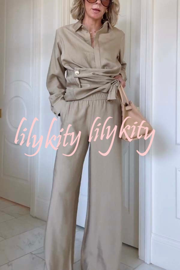 Juliette Cross-front Button Up Long Sleeve Shirt and Elastic Waist Pocket Loose Pants Set