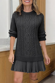 Delphine Knit Cable Textured Long Sleeve Pleated Chiffon Hem Sweater Mini Dress