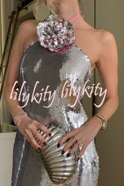 Moonlit Blooms Sequin Floral-appliqué Halter Neck Slit Gown Maxi Dress