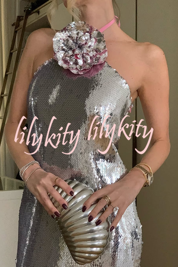 Moonlit Blooms Sequin Floral-appliqué Halter Neck Slit Gown Maxi Dress