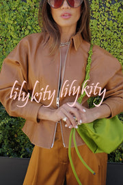 Pop of Brown Faux Leather Double Zipper Detail Balloon Sleeve Lapel Jacket