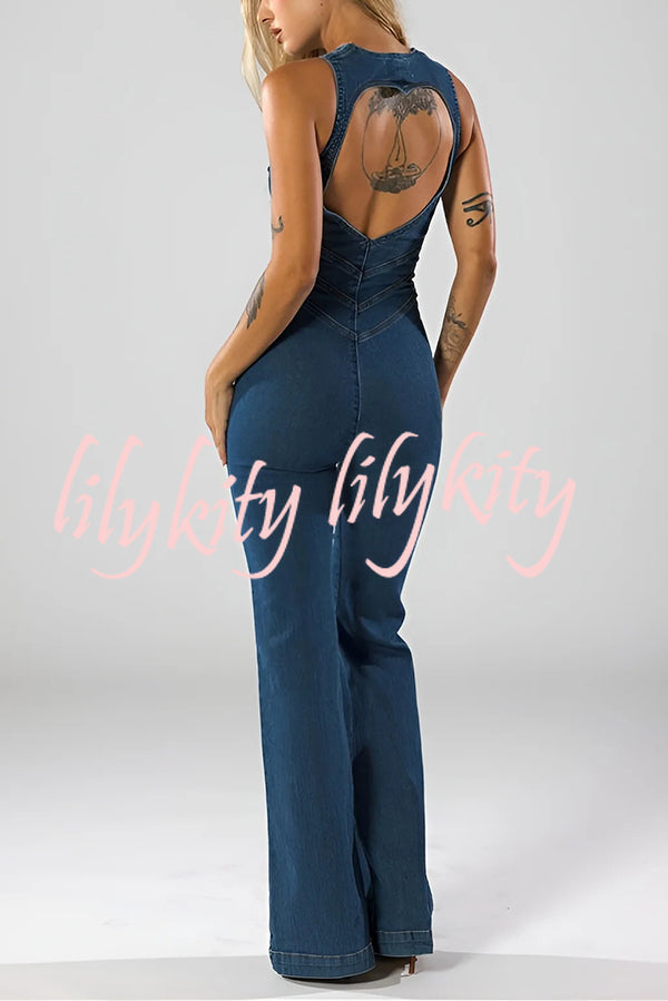 Fashionable Heart Hollow Back Slim High Waist Flared Denim Jumpsuit