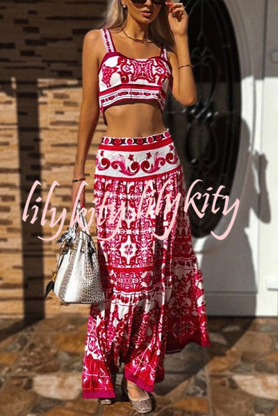 Unique Printed Sexy Sling Tank and Elastic Waist Large Hem Maxi Skirt Set