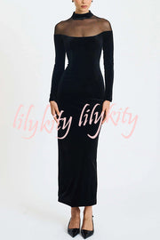 Fashionable Velvet and Mesh Spliced long-sleeved Slim-fit Maxi Dress
