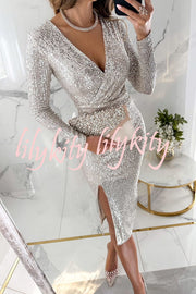 Main Character Sequin Long Sleeve Side Slit Midi Dress