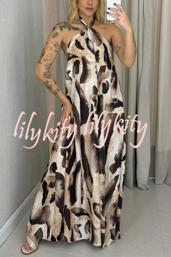 Leopard Print Sexy Halter Neck Backless Loose Maxi Dress