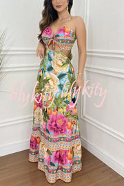 Mexico Style Tropical Print Ring Cutout Lace-up Vacation Maxi Dress