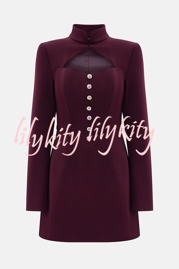 Elegant Long-sleeved Hollowed-out Button-down Slim-fit Mini Dress