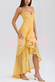 Retro Romantic Style Mesh Ruffle Trim Ruched Slit High Low Maxi Dress