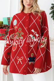 Argyle Candy Gingerbread Man Embroidered Button-knit Cardigan