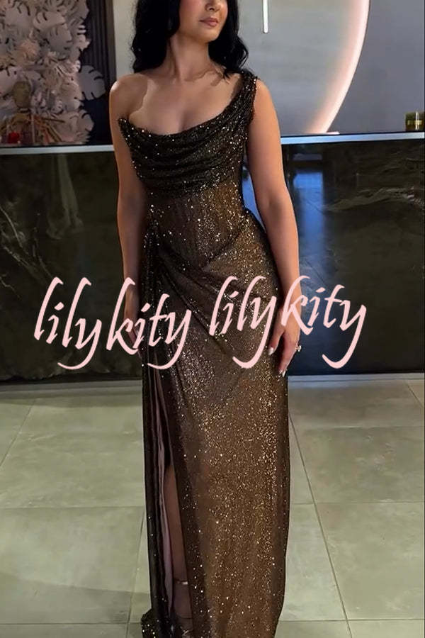 Glitzy Gala Glitter Fabric One Shoulder Ruched Slit Maxi Dress