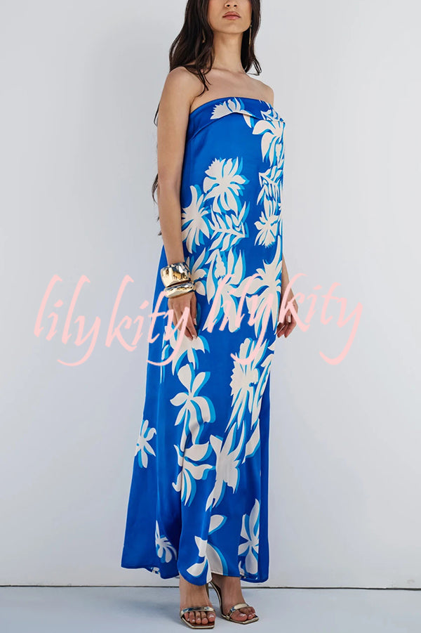 Fashion Vacation Satin Unique Print Off Shoulder Maxi Dress