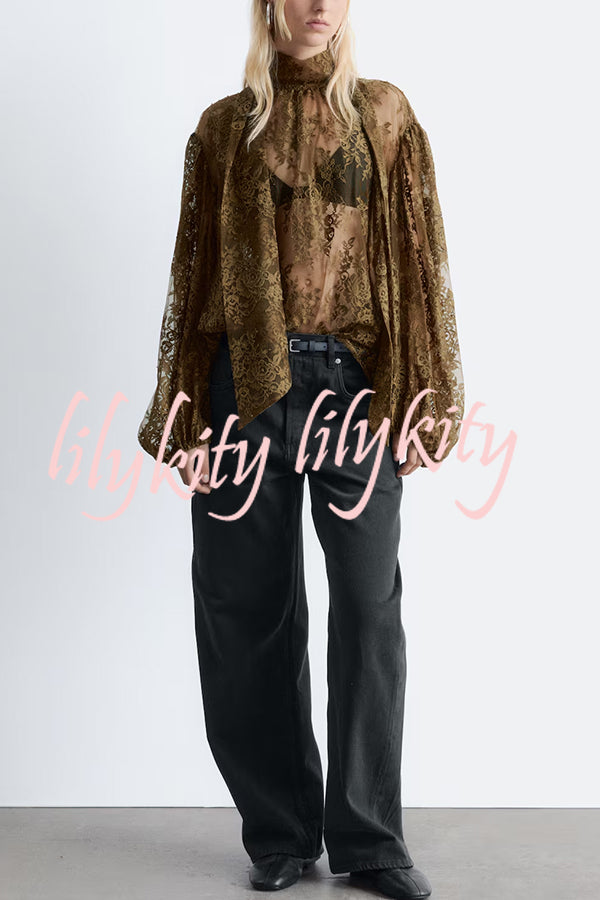 Reigna Semi-sheer Floral Lace Bow Neck Balloon Sleeve Loose Blouse