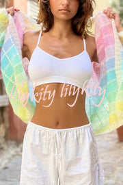 Palette Day Knit Color Blocks Open Front Balloon Sleeve Loose Cardigan