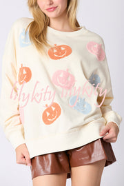 Halloween Colorful Pumpkin Embroidered Loose Casual Sweatshirt