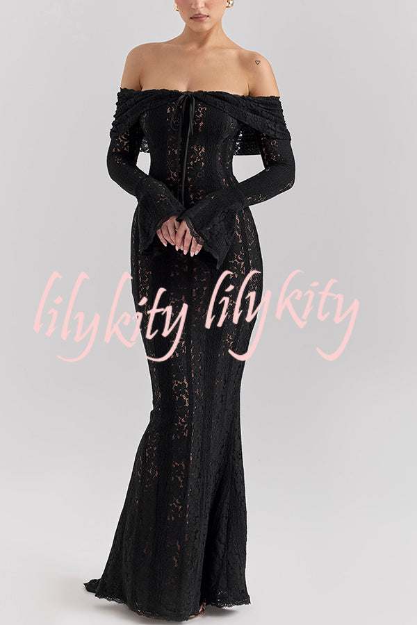 Outline The Curve Floral Lace Off Shoulder Bell Sleeve Stretch Maxi Dress