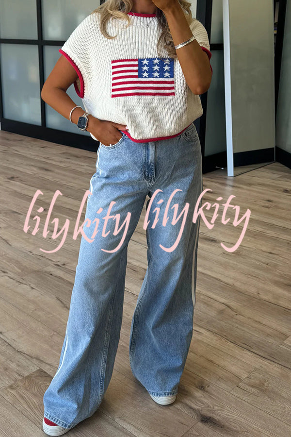 Independence Day Casual Crew Neck Short Sleeve Knit Sweater