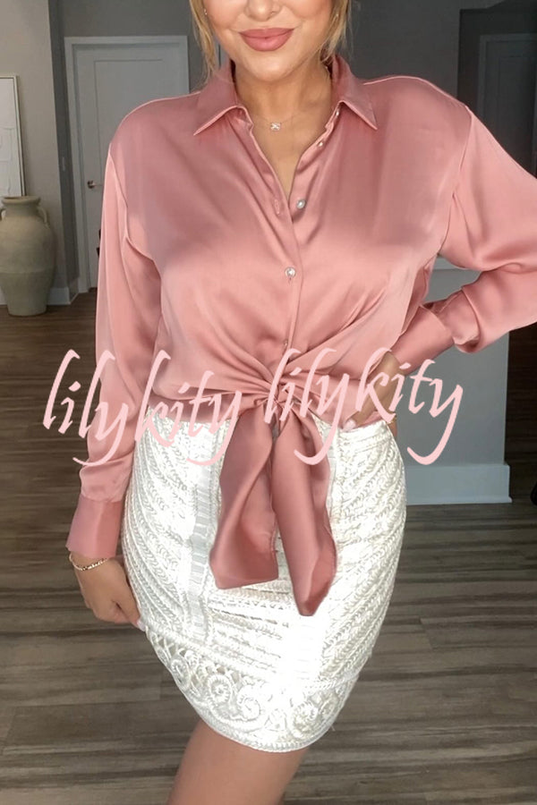 Switch Styles At Will Satin Botton Up Long Sleeve Relaxed Blouse