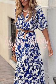 Plant Print V-neck Half-sleeve High Waist Casual Maxi Dress