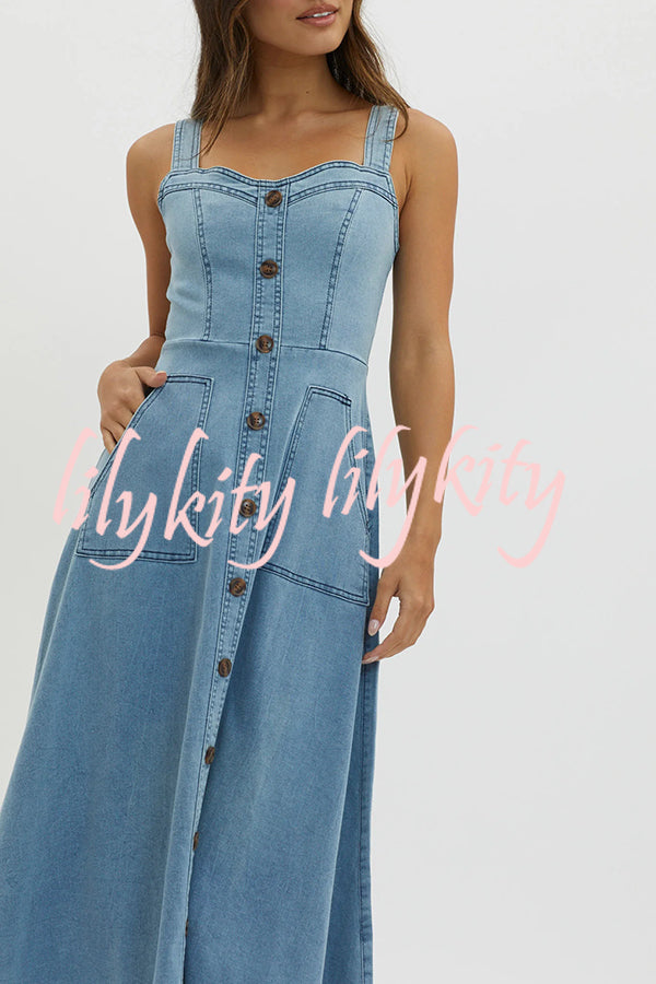 Solid Color Suspender Pocket Button Slim Denim Midi Dress