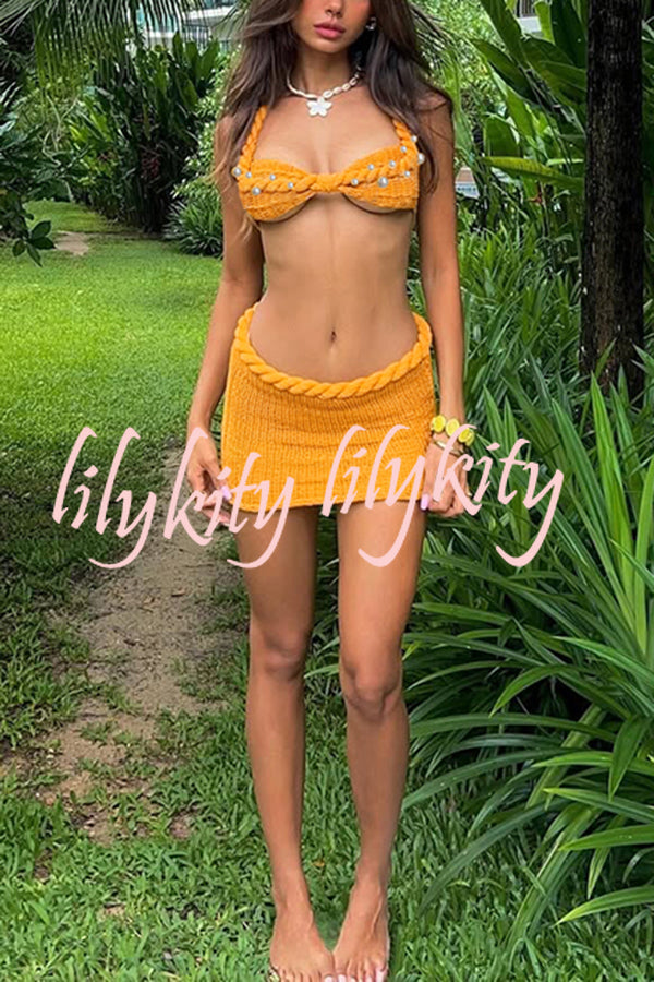 Sexy Halterneck Pearl-embellished Lace-up Tank and Fitted Knit Mini Skirt Set