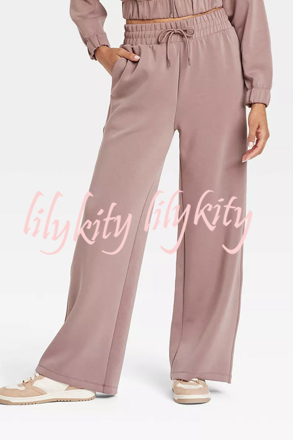 Airy Sleek Full Zip Jacket and High Rise Elastic Waist Pocket Wide Leg Sweatpants Set