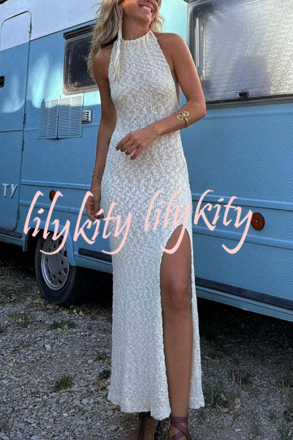 Sexy Backless Halter Neck Slim High Slit Knit Maxi Dress