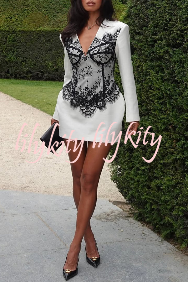 Saela Contrast Lace Corset Design V-neck Long Sleeve Tulip Mini Dress