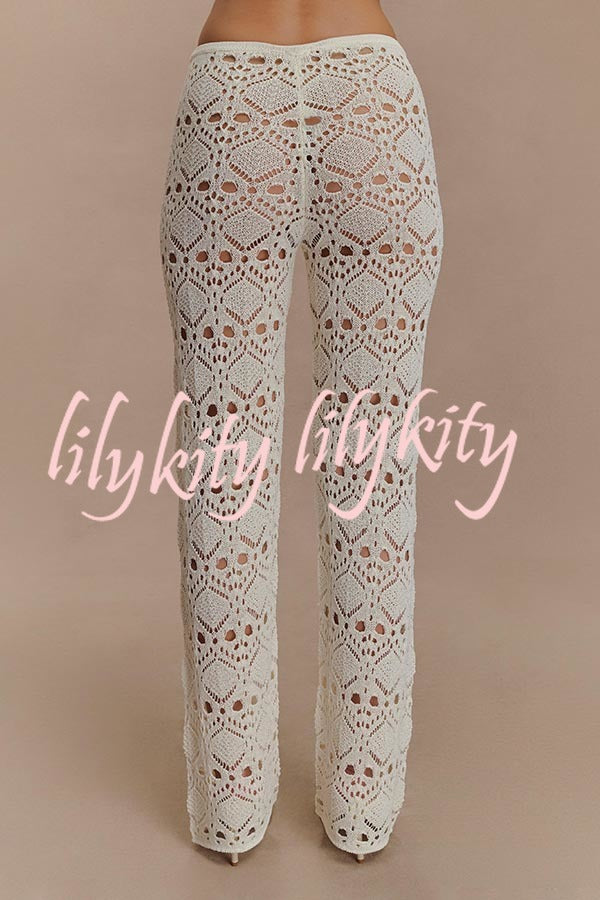 Trena Crochet Knit Hollow Mid Rise Stretch Wide Leg Pants